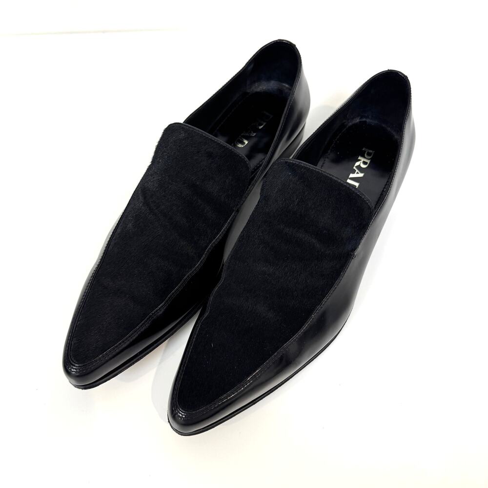 PRADA Black Patent Leather Combination Calf Hair Point Toe Loafer 10 Pony Shoes - Picture 3 of 7